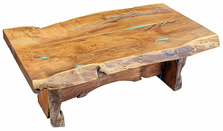 Rustic Mesquite Slab Coffee Table with Turquoise Inlay