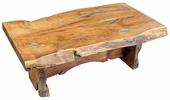 Rustic Mesquite Slab Coffee Table with Turquoise Inlay