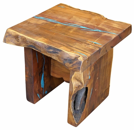 Rustic Mesquite Slab End Table with Turquoise Inlay