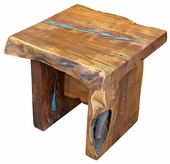 Rustic Mesquite Slab End Table with Turquoise Inlay