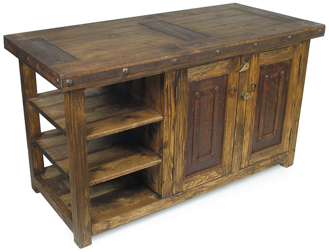 Rustic Old Wood Kitchen Island with Iron Accents