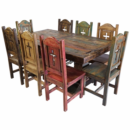 Rustic Painted and Natural Wood Dining Set with Thick Trestle Pedestal Base