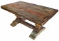 Rustic Painted and Natural Wood Dining Set with Thick Trestle Pedestal Base