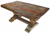 Rustic Painted and Natural Wood Dining Table with Thick Trestle Pedestal Base