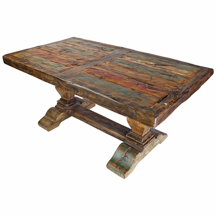 Rustic Painted and Natural Wood Dining Table with Thick Trestle Pedestal Base