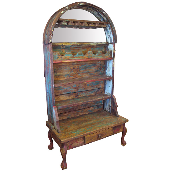 Rustic Painted Old Wood Open Wine Cabinet