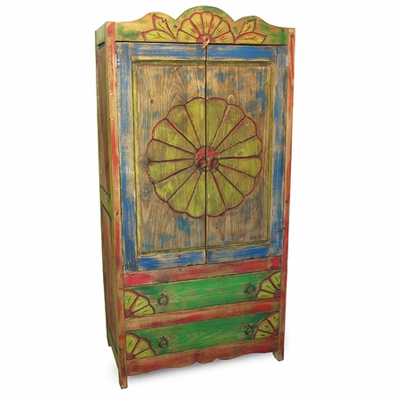 Rustic Painted Wood Armoire with Conch Carving
