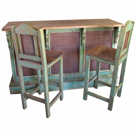 Rustic Painted Wood Bar Set With Metal Panels