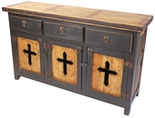 Rustic Painted Wood Buffet with Cross Cutout Doors and Iron Accents