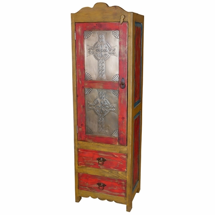 Rustic Painted Wood Cabinet with Embossed Tin Doors - Red
