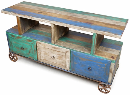 Rustic Painted Wood Wagon Cart TV Entertainment Stand with Storage
