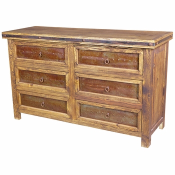 Rustic Pine Dresser with Metal Drawer Panels - 6 Drawers