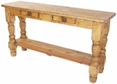 Rustic Pine Turned Leg Sofa Table with 2 Drawers and Shelf