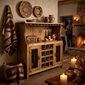 Rustic Pine Wine Hutch with Iron Accents