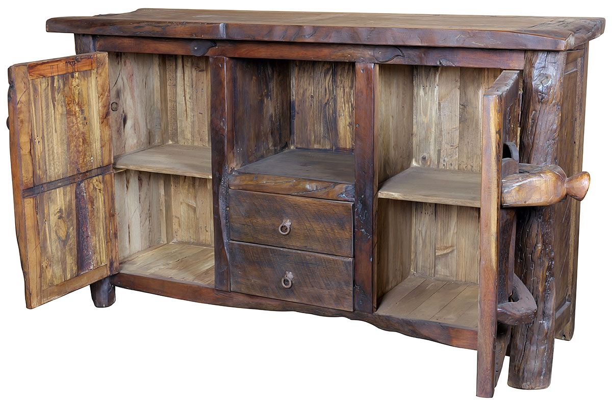Rustic Ranch Log Buffet with Carved Saddle Horn Doors
