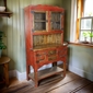 Rustic Red and Natural Wood China Cabinet with Glass Doors