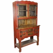Rustic Red and Natural Wood China Cabinet with Glass Doors