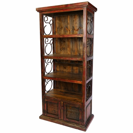 Rustic Red Painted Wood Book Shelf with Iron Scrolls and Iron Panel Doors