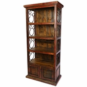 Rustic Red Painted Wood Book Shelf with Iron Scrolls and Iron Panel Doors