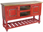 Rustic Red Painted Wood TV Entertainment Console with Lower Slat Shelf