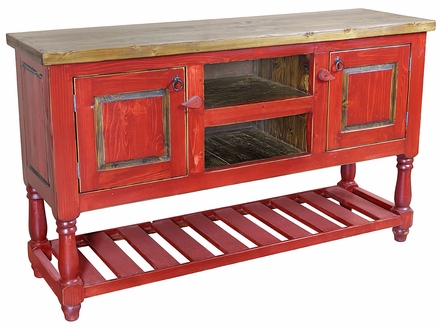Rustic Red Painted Wood TV Entertainment Console with Lower Slat Shelf