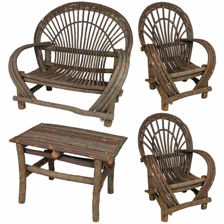 Rustic Twig Furniture 4-Piece Patio Set - With Bark - 2 Chairs, Loveseat and Small Table