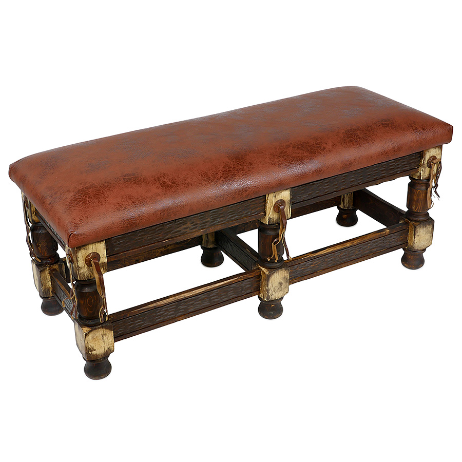 Rustic Western Bench with Faux Leather Cushioned Seat