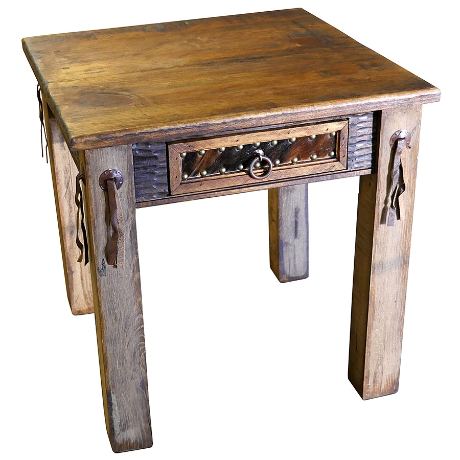 Rustic Western End Table with Cowhide Drawer & Leather Strips