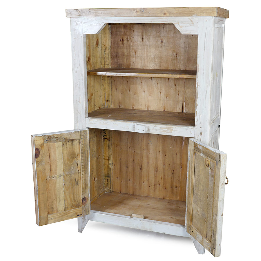 Rustic White-Washed Painted Wood Hutch with Shelves