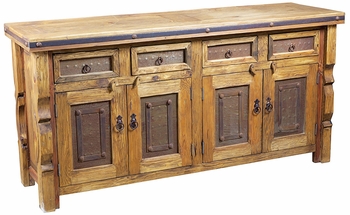 Rustic Wood and Iron Accent Ox Yoke Buffet, 4 Door, Four Drawer