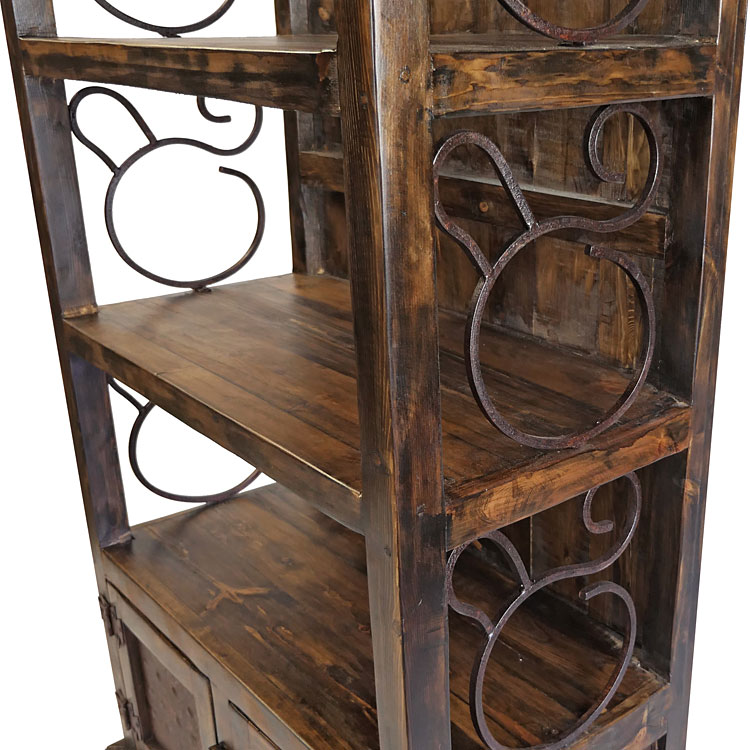 Rustic Wood Book Shelf with Iron Scrolls and Iron Panel Doors