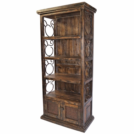 Rustic Wood Book Shelf with Iron Scrolls and Iron Panel Doors