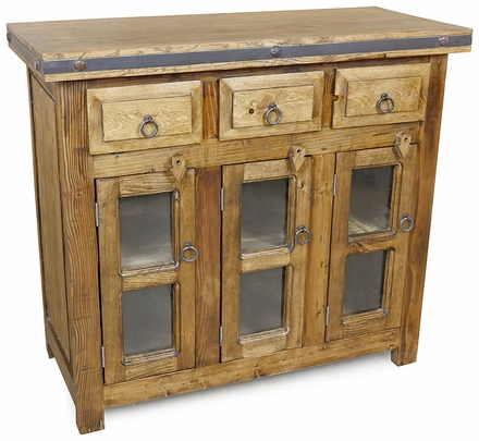 Rustic Wood Buffet with Glass Panel Doors and Iron Accents