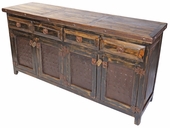 Rustic Wood Buffet with Iron Band and Hammered Iron Door Panels