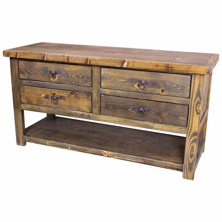 Rustic Wood Buffet with Open Shelf - 4 Drawers
