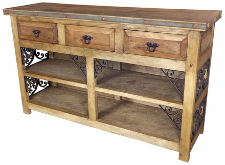 Rustic Wood Buffet with Wrought Iron Scrolls