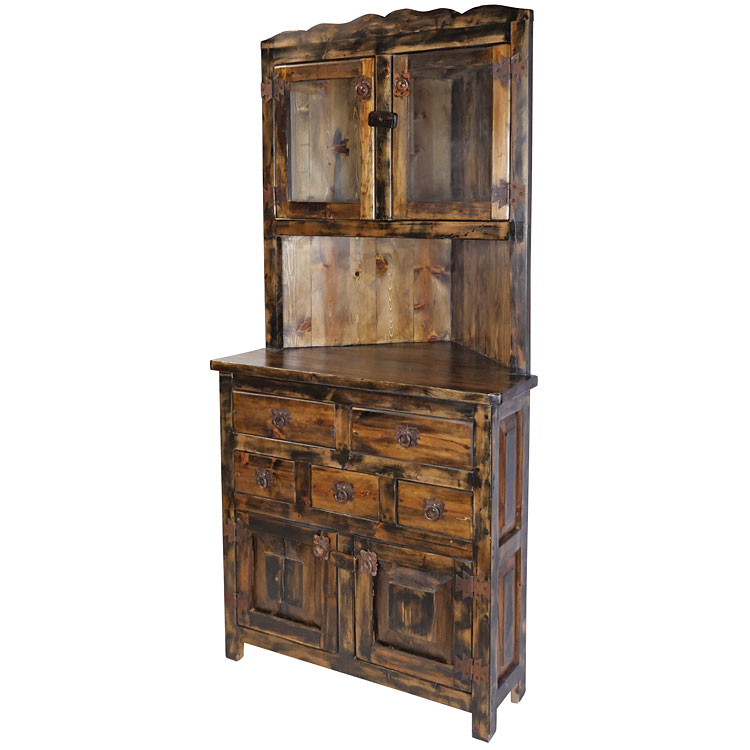 Rustic Wood Corner with Top Glass Doors and 5 Drawers