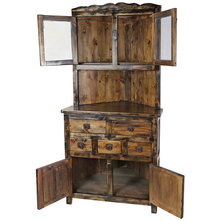 Rustic Wood Corner with Top Glass Doors and 5 Drawers