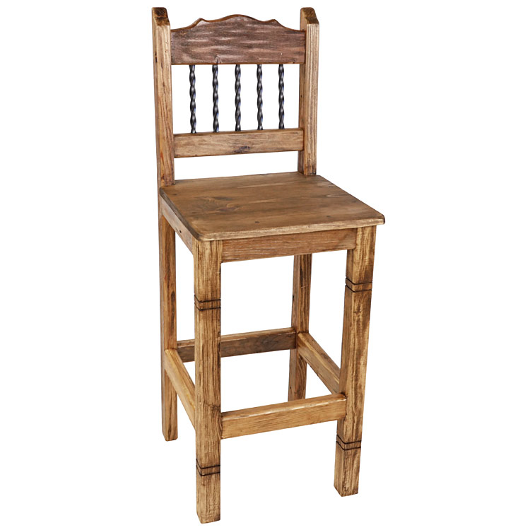 Rustic Wood Counter Height Bar Stool with Twisted Iron Bars
