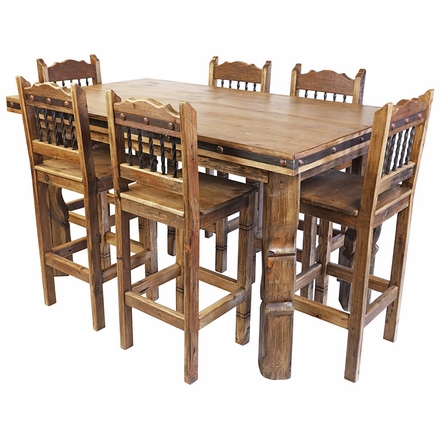 Rustic Wood Counter Height Dining Table Set with 6 Bar Stools