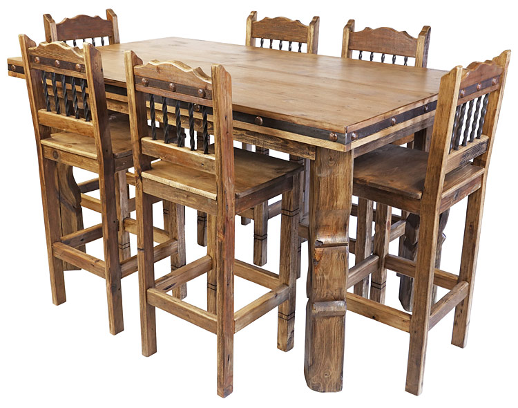 Rustic Wood Counter Height Dining Table Set with 6 Bar Stools