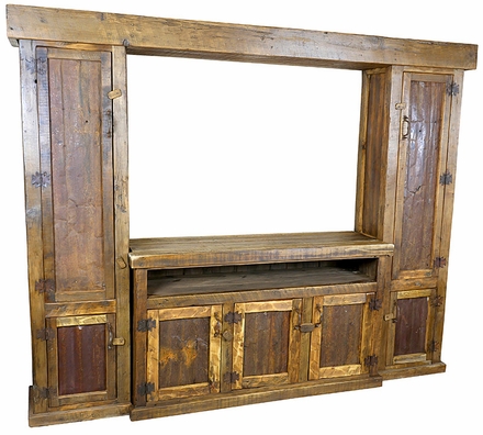 Rustic Wood Entertainment Center with Rusted Corrugated Tin Panels