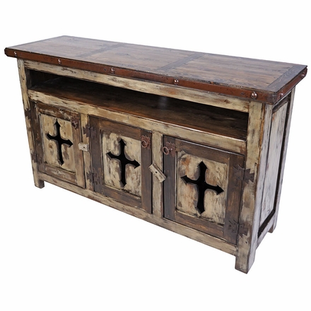 Rustic Wood Entertainment Console with Cross Cut Out Doors