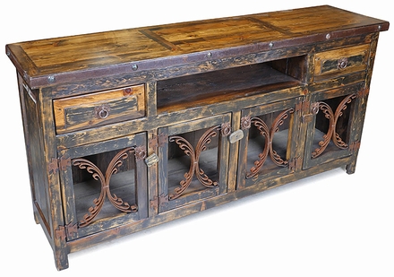 Rustic Wood Entertainment Credenza with Iron Band and Scroll Doors