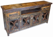 Rustic Wood Entertainment Credenza with Iron Band and Scroll Doors
