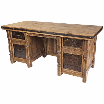 Rustic Wood Executive Office Desk with Iron Panel Insets