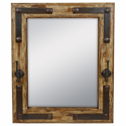 Rustic Wood Mirror With Iron Coat Hooks & Nailheads - 26