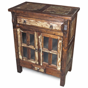 Rustic Wood Server With Window Frame Glass Doors