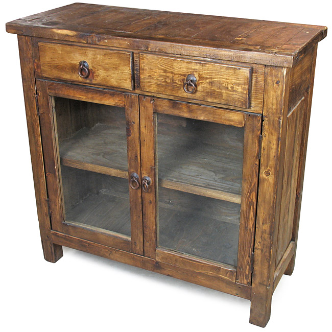 Rustic Wood Sideboard with Glass Doors and 2 Drawers