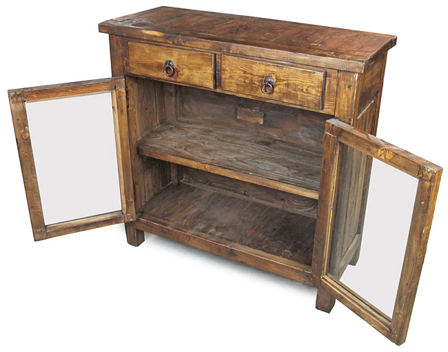 Rustic Wood Sideboard with Glass Doors and 2 Drawers